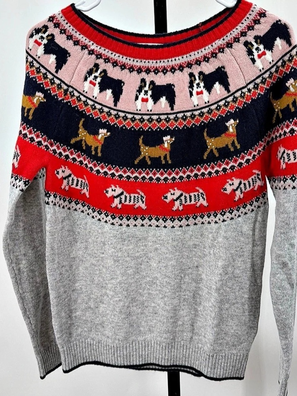 Boden Edie Fair Isle Dog Sweater Gray & Red XS